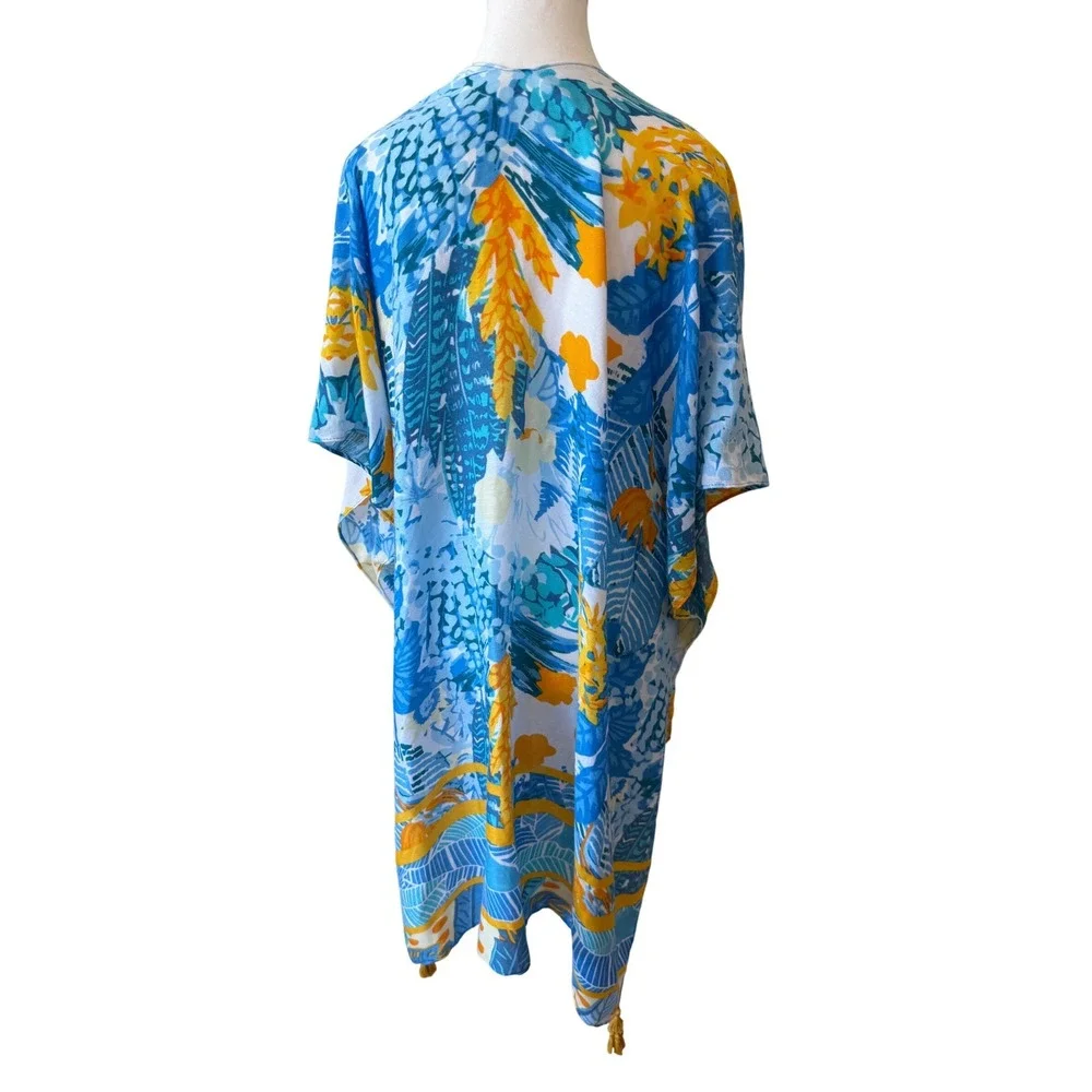 Tropical‎ Floral Kimono Boho Blue Yellow Tassel One Size Beach Cruise Resort